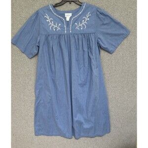 Vintage National Muumuu Dress 2X Blue Chambray Denim Embroidered Porch House